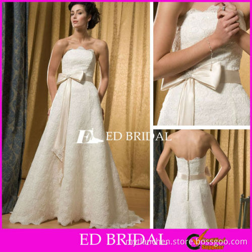 Classic A Line Strapless Sweep Train Brush Bow Appliqued Lace Wedding Dresses with Butterflies